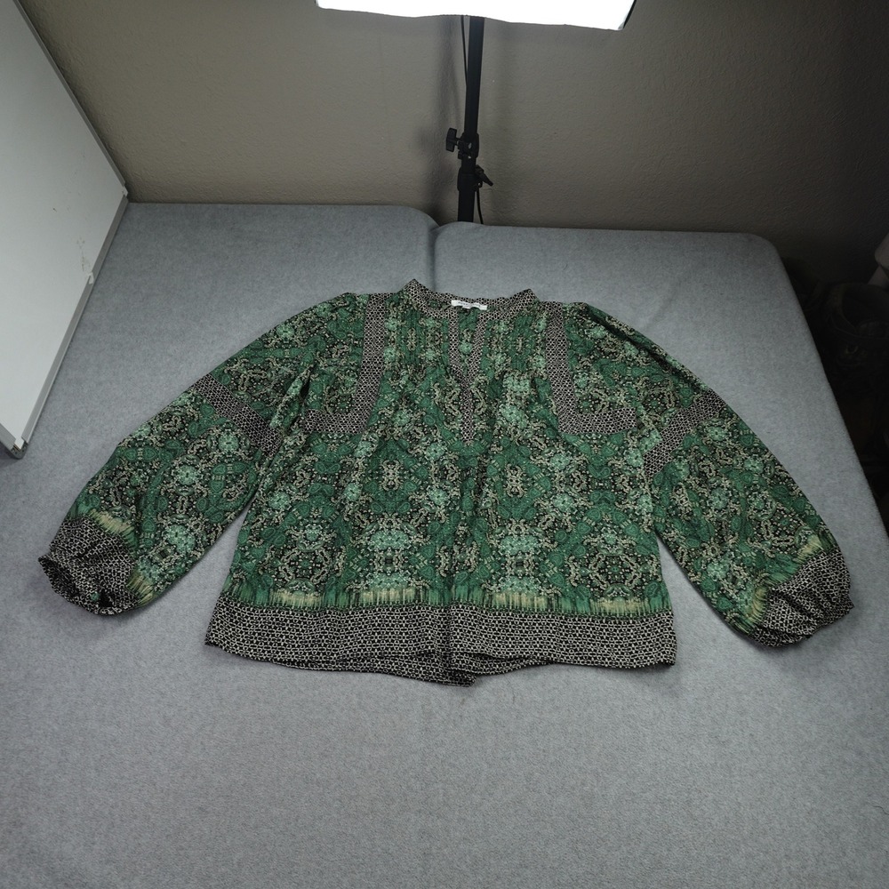 Rose + Olive Blouse Womens Large Green Boho Peasant Mixed Print Split V Neck
